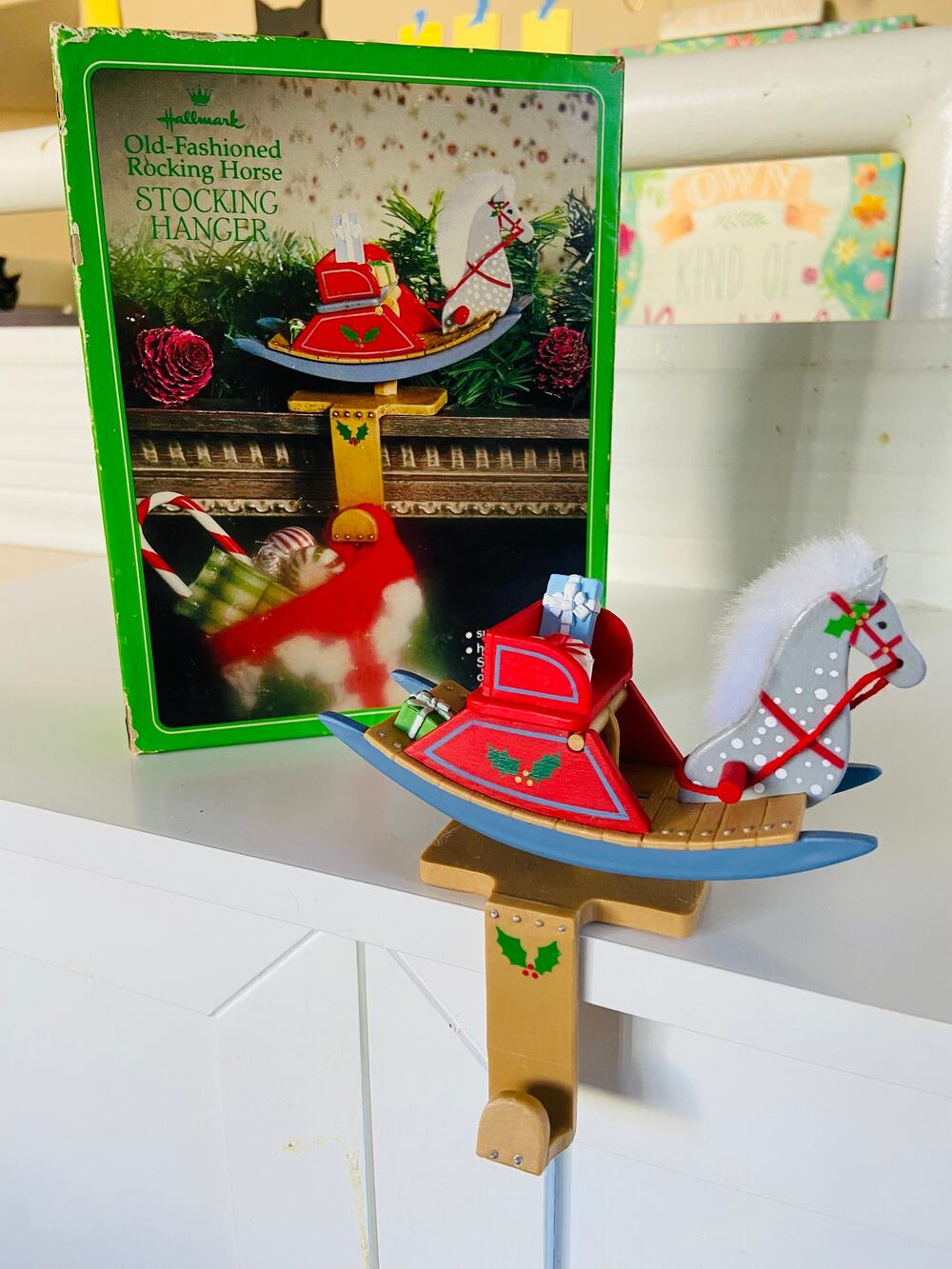 VINTAGE Hallmark Red Gray Rocking Horse Christmas Tree Xmas Stocking Hanger